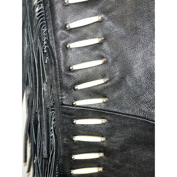 Black Leather Vest 20" & Chaps Adjustable Fringe Beads Trible Look Embellished - Picture 13 of 16